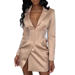 V Neck Khaki Sexy Blazer Dress Women Autumn Winter Bodycon Elegant Thin Coat Outwear Female Party Club Night Blazer