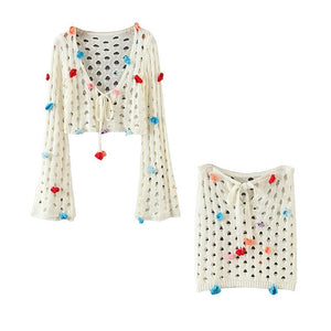 2020 Bohemia Spliced 3D Flower Hand crochet Cardigan Sweater Retro Women Long Flare Sleeve Tide Bow Knitted Knitwear Jumper