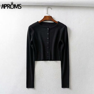 Aproms Candy Color Ribbed Knitted Cardigan Women Autumn Winter Long Sleeve Basic Cropped Sweaters Female Casual Short Jumper Top