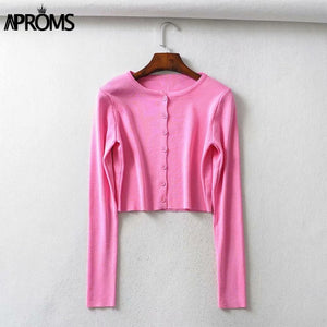 Aproms Candy Color Ribbed Knitted Cardigan Women Autumn Winter Long Sleeve Basic Cropped Sweaters Female Casual Short Jumper Top